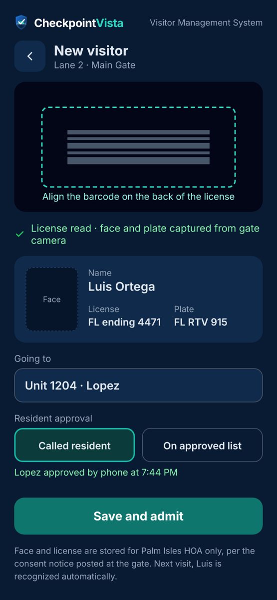 First-time visitor screen on a phone with the license barcode reader